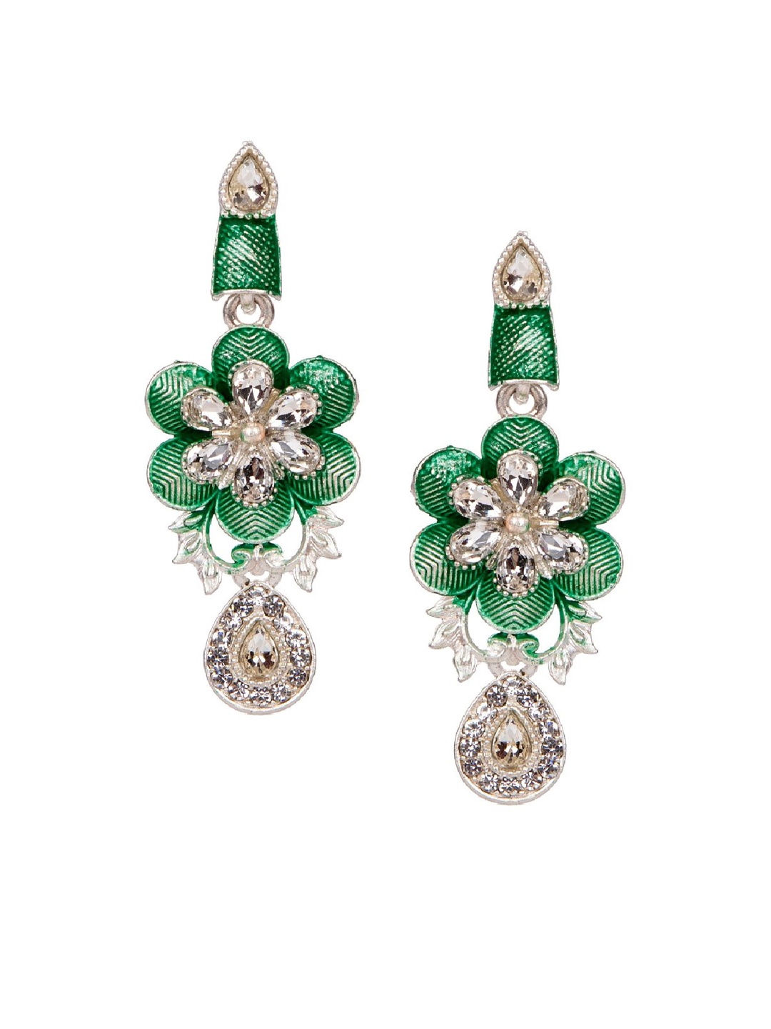

ANIKAS CREATION Green & Silver-Plated Enamelled Classic Drop Earrings