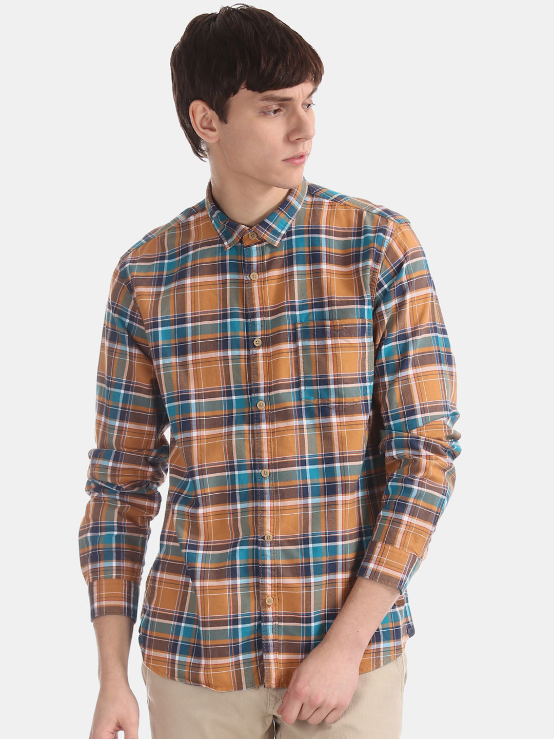 

Cherokee Men Orange & Blue Regular Fit Checked Casual Shirt