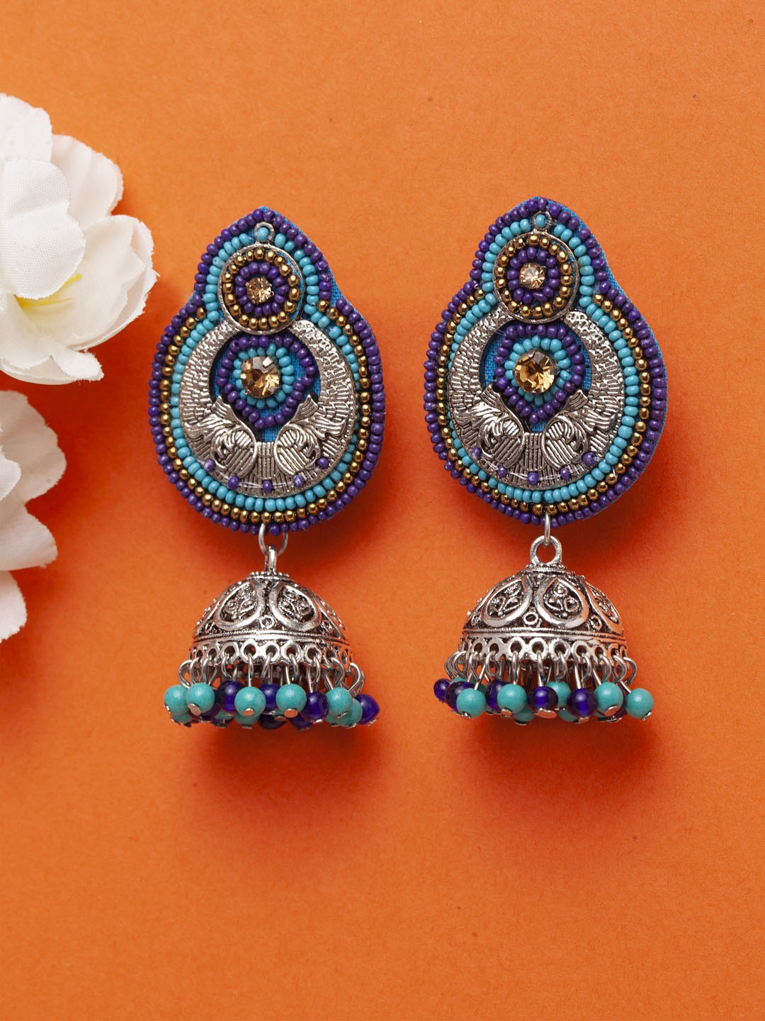 

Moedbuille Blue & Silver-Toned Filigree Work Afghan Classic Jhumkas