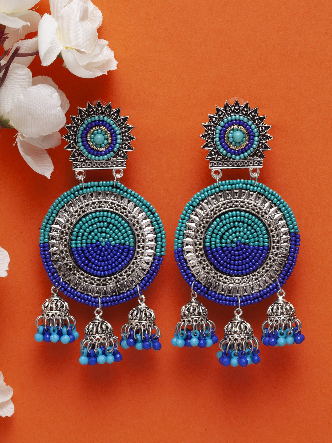 

Moedbuille Brass-Plated Silver-Toned & Blue Circular Drop Earrings