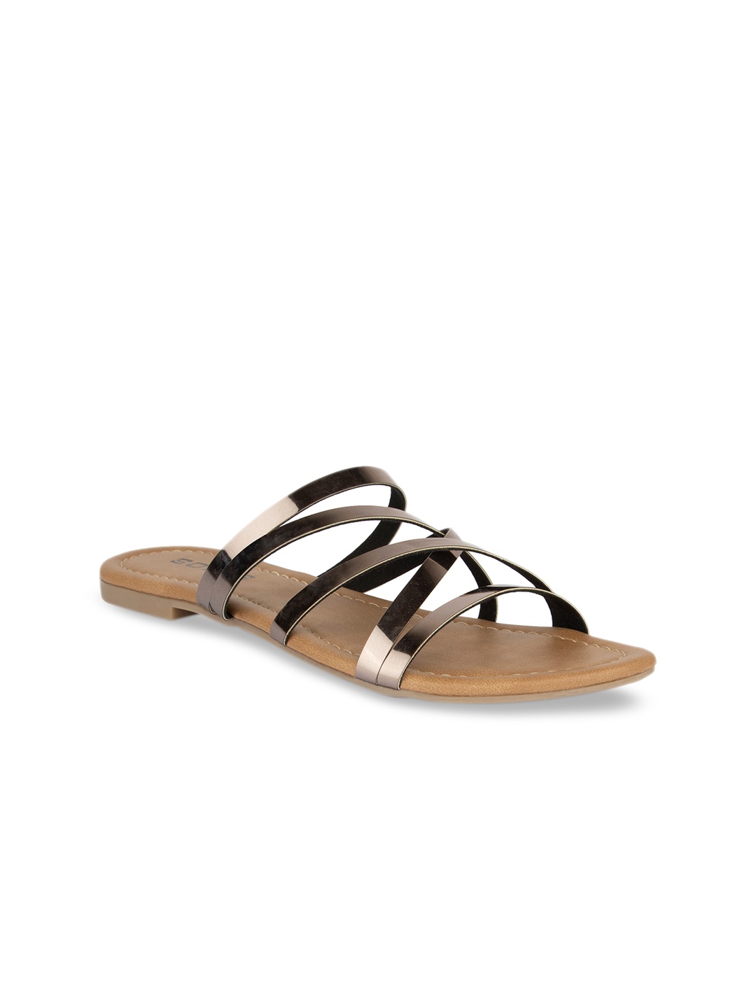 

SOLES Women Gunmetal-Toned Solid Open Toe Flats, Metallic