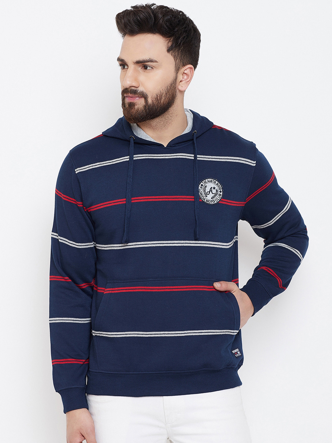 

Austin wood Men Navy Blue & Red Striped Hooded Sweatshirt