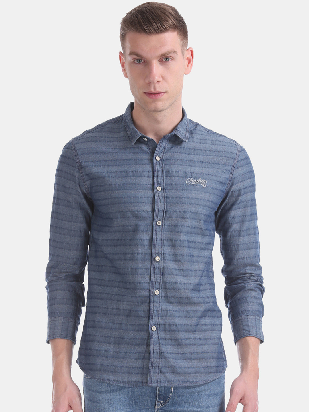 

Cherokee Men Blue Regular Fit Striped Casual Shirt