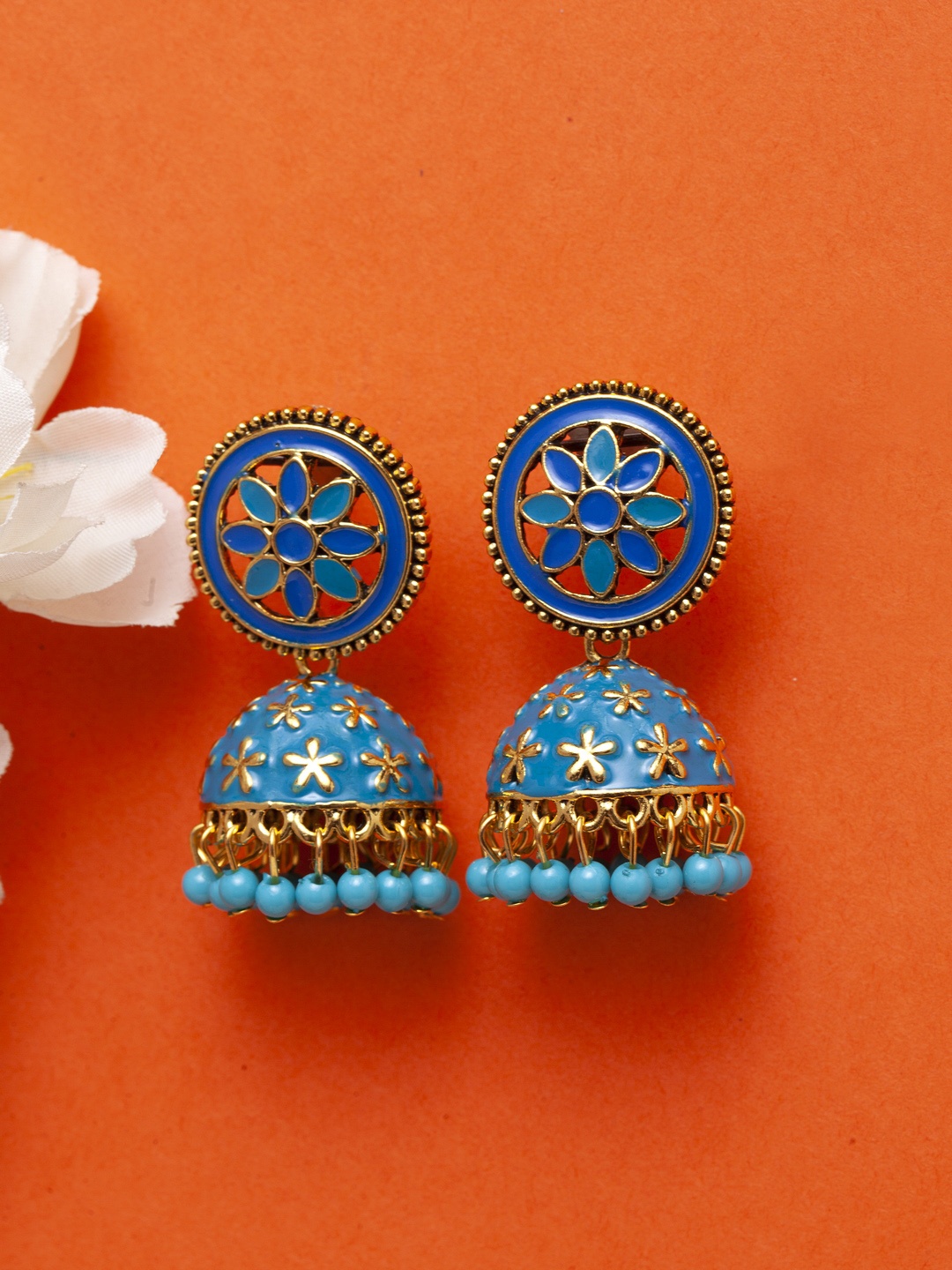 Moedbuille Brass Plated Blue & Pink Handcrafted Meenakari Dome Shaped Jhumkas