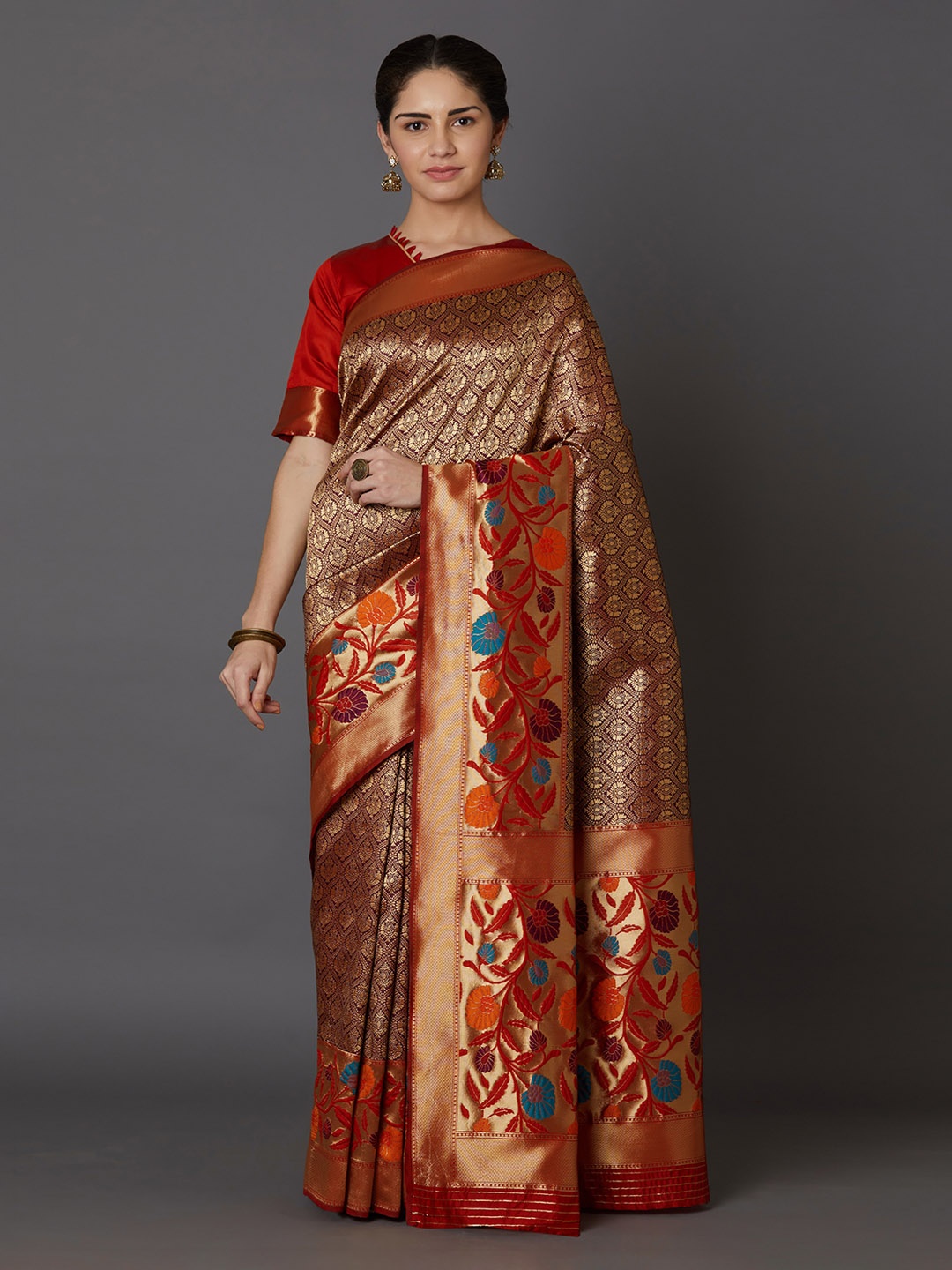 

Mitera Orange & Red Silk Blend Woven Design Kanjeevaram Saree