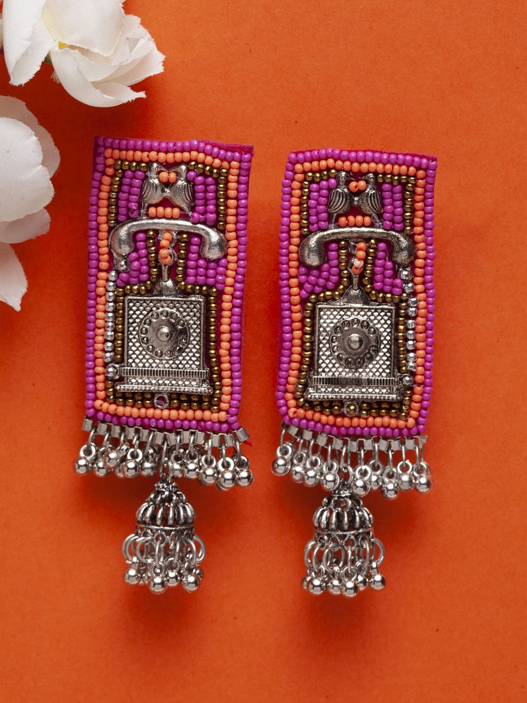 

Moedbuille Brass-Plated Silver-Toned & Pink Quirky Drop Earrings