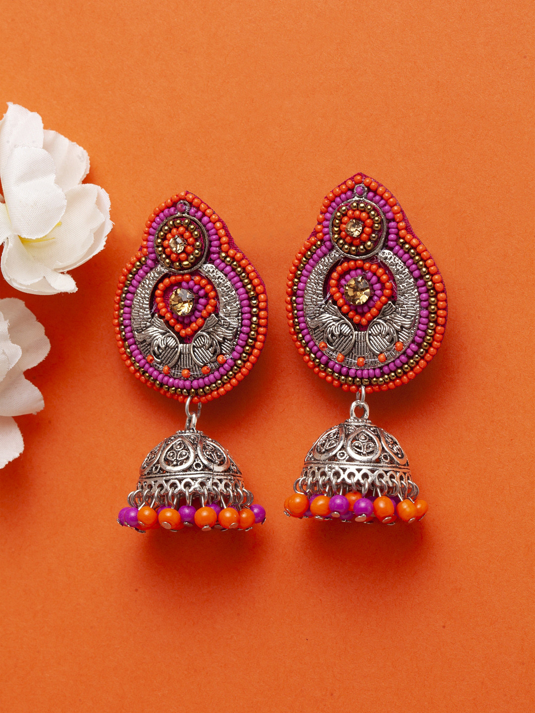 

Moedbuille Pink & Orange Classic Handcrafted Filigree Jhumkas