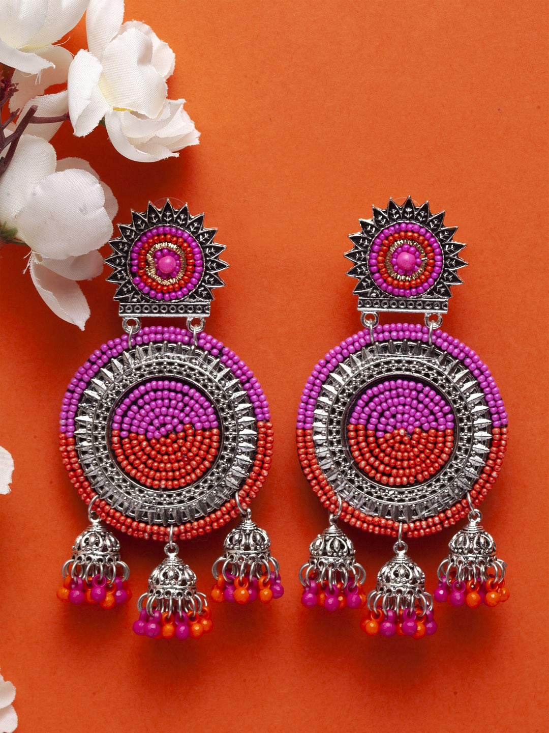 

Moedbuille Brass-Plated Pink & Orange Handcrafted Filigree Circular Drop Earrings
