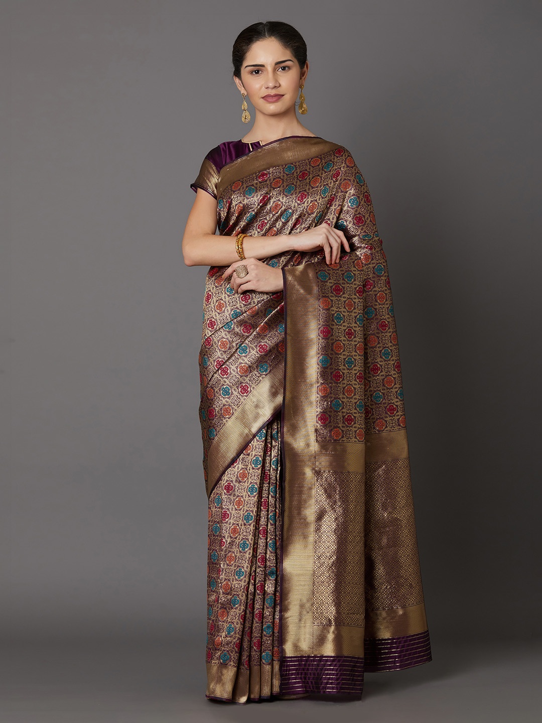 

Mitera Purple & Gold-Toned Silk Blend Woven Design Kanjeevaram Saree