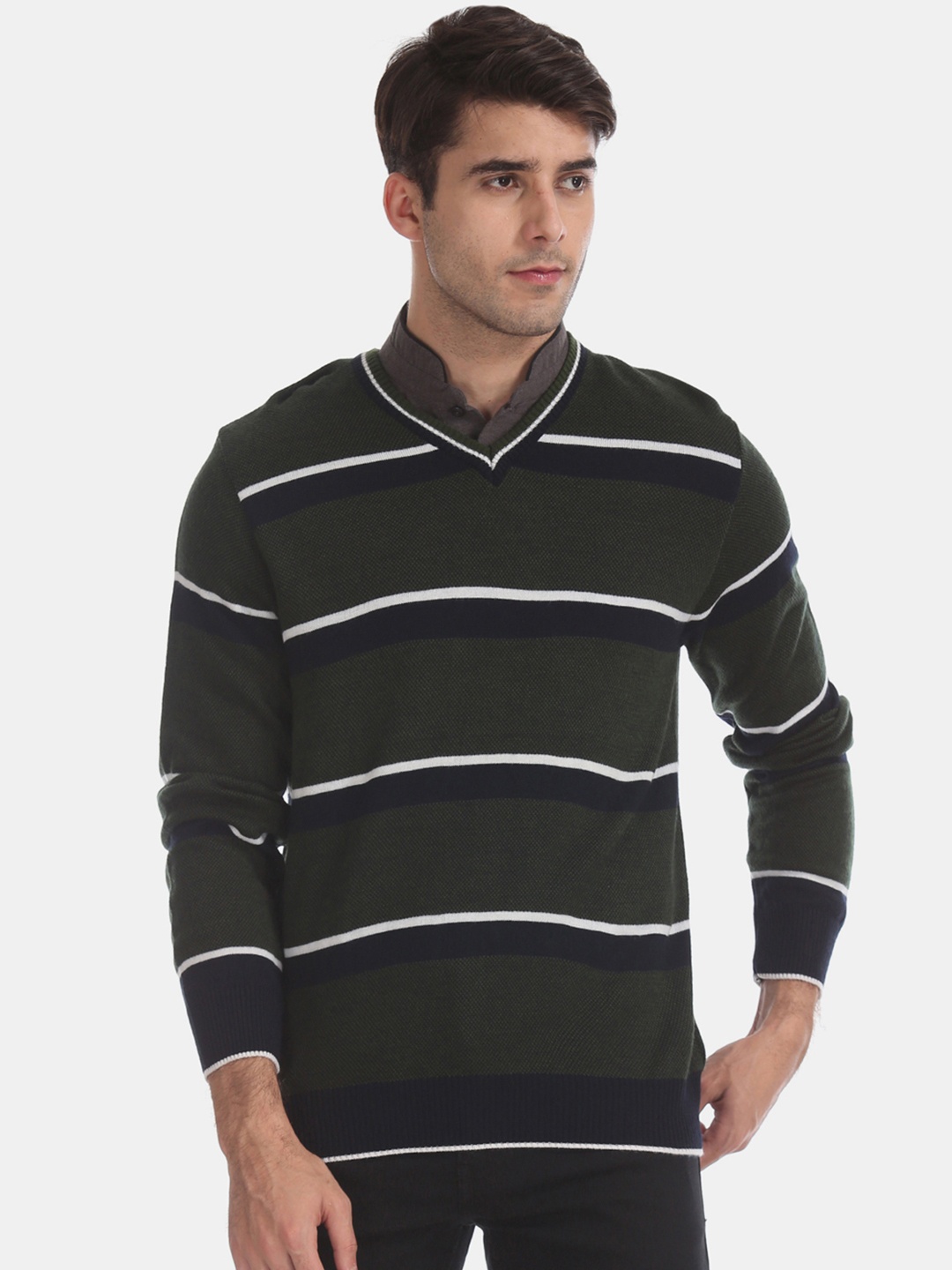 

Ruggers Men Olive Green Striped Acrylic Pullover Sweater