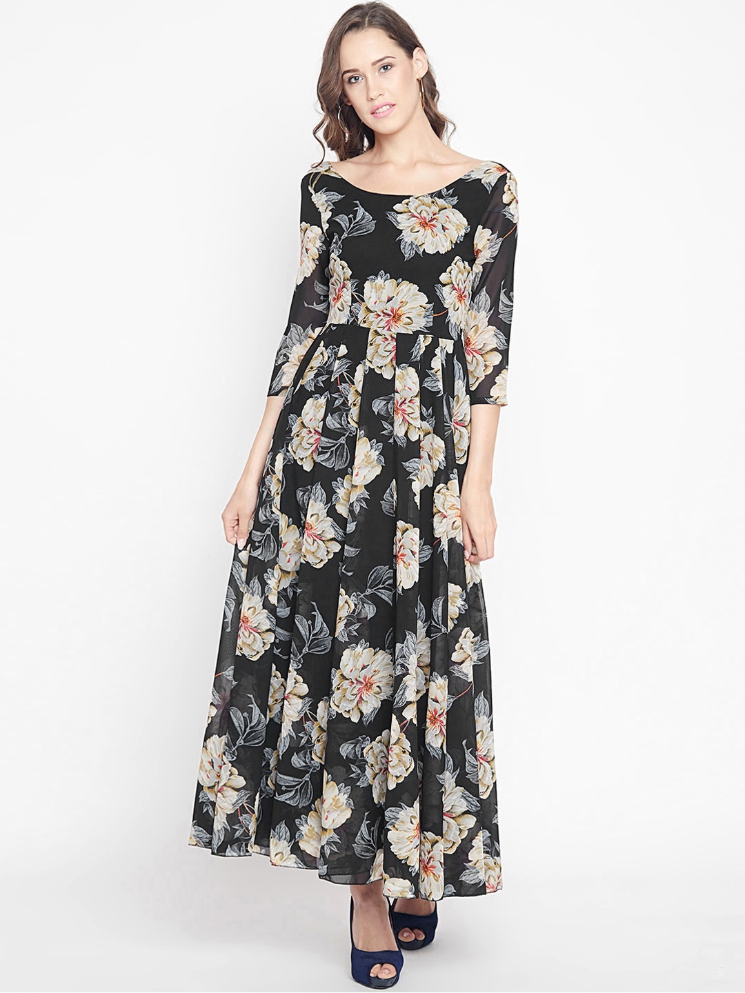 PANIT Women Black Floral Print Maxi Dress