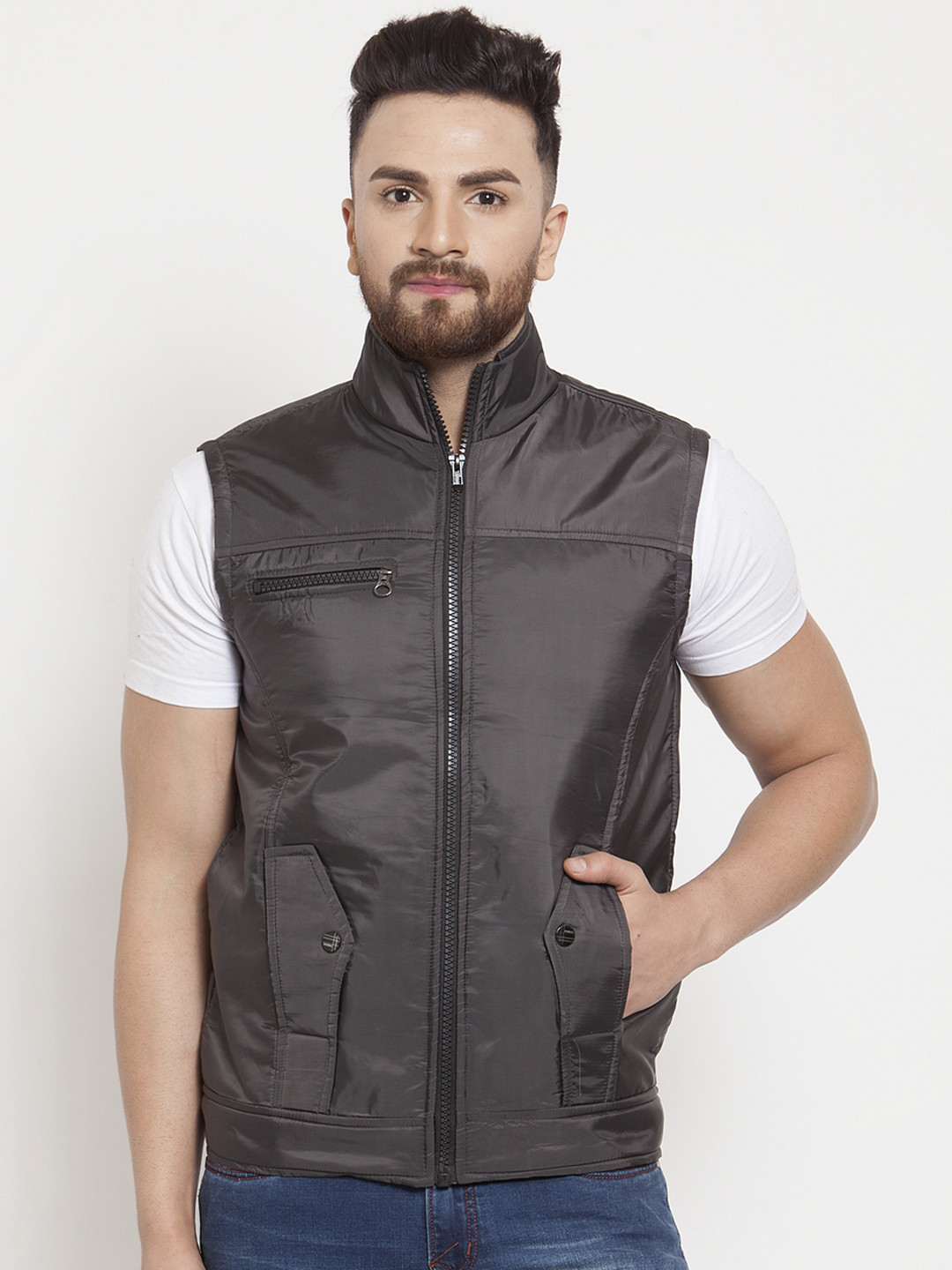 

VOXATI Men Charcoal Grey Solid Padded Jacket