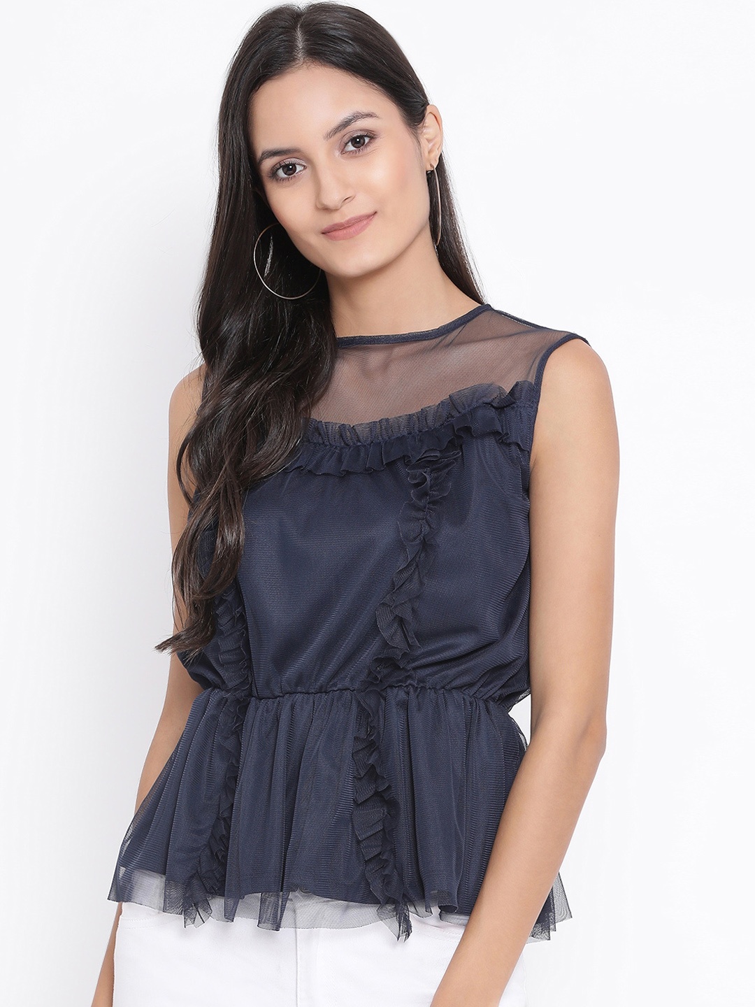 Oxolloxo Women Navy Blue Solid Cinched Waist Top