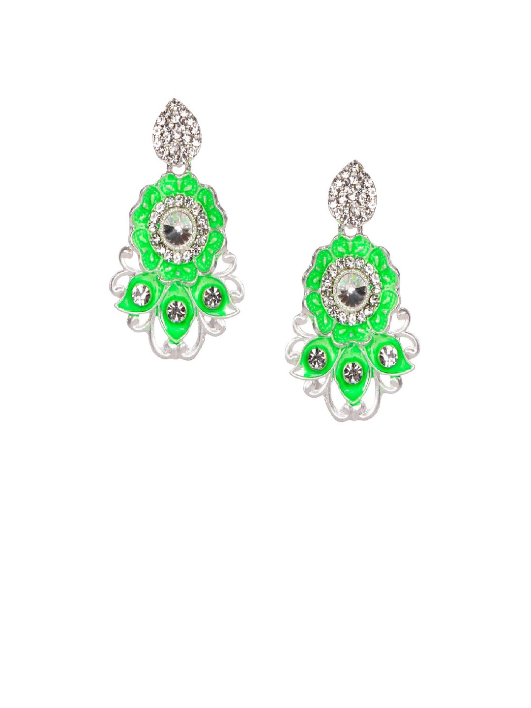 

ANIKAS CREATION Green & Silver-Plated Enamelled Floral Drop Earrings