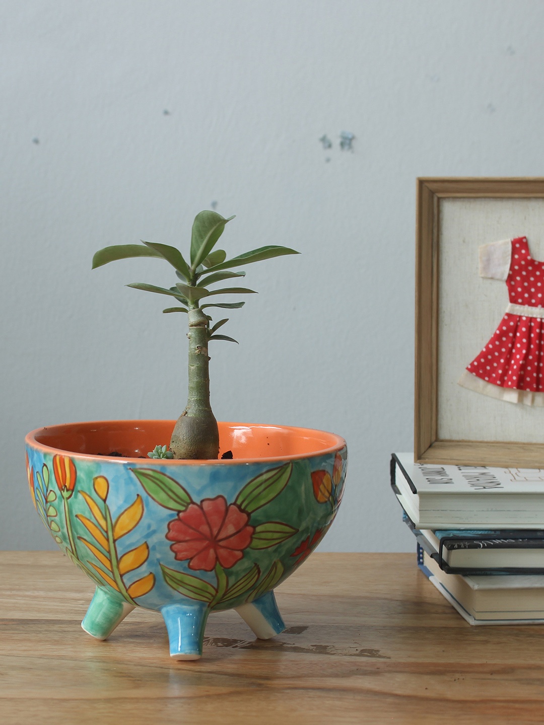 The Wishing Chair Orange & Blue Floral Handpainted 3-Legged Small Planter