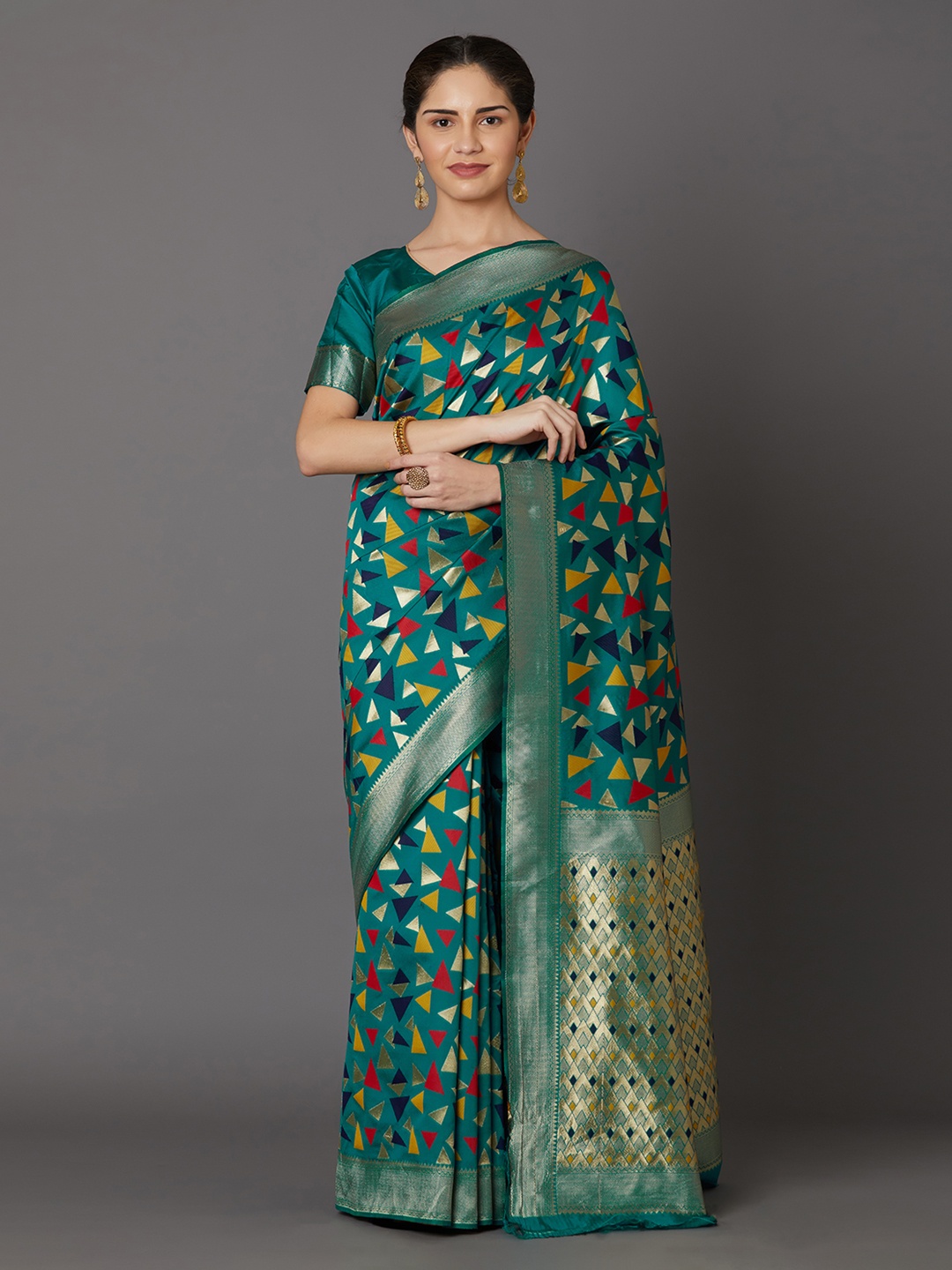 

Mitera Teal Green Silk Blend Woven Design Kanjeevaram Saree
