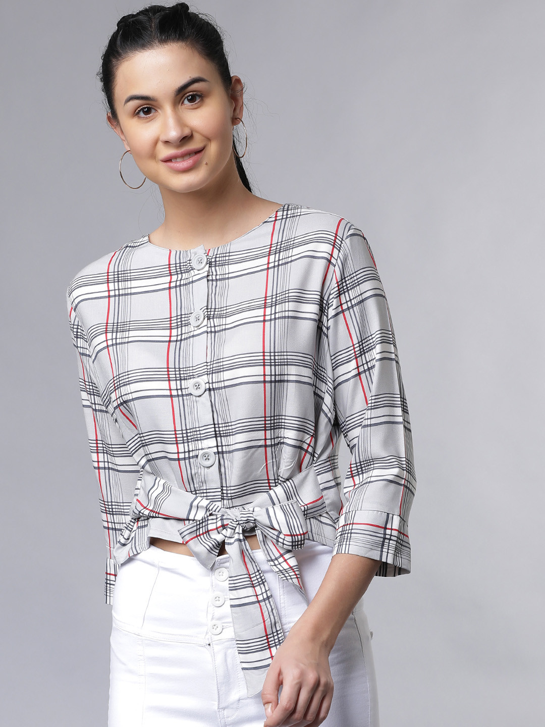 

Tokyo Talkies Women Grey Checked Tie-Waist Crop Top