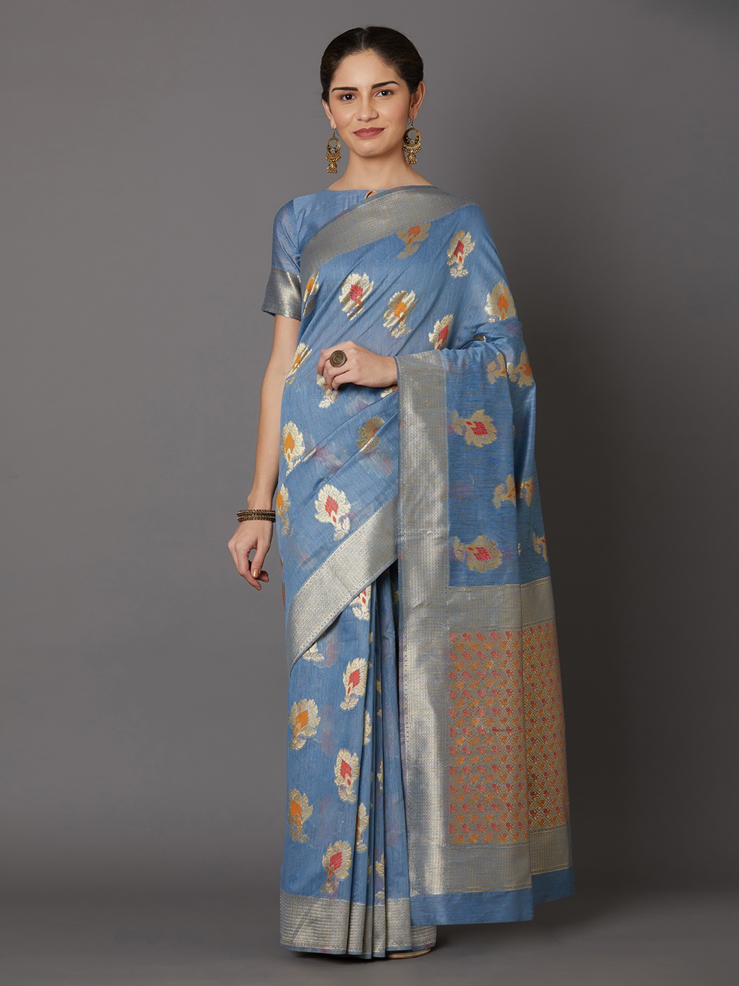 

Mitera Turquoise Blue & Silver-Coloured Silk Blend Woven Design Kanjeevaram Saree