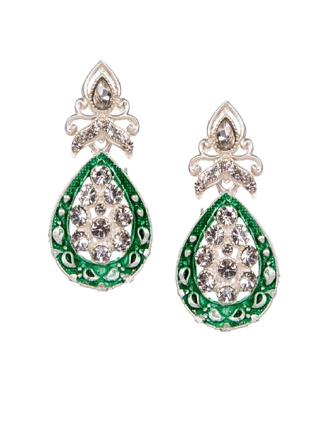 

ANIKAS CREATION Green & Silver-Plated Handcrafted Teardrop Shaped Drop Earrings