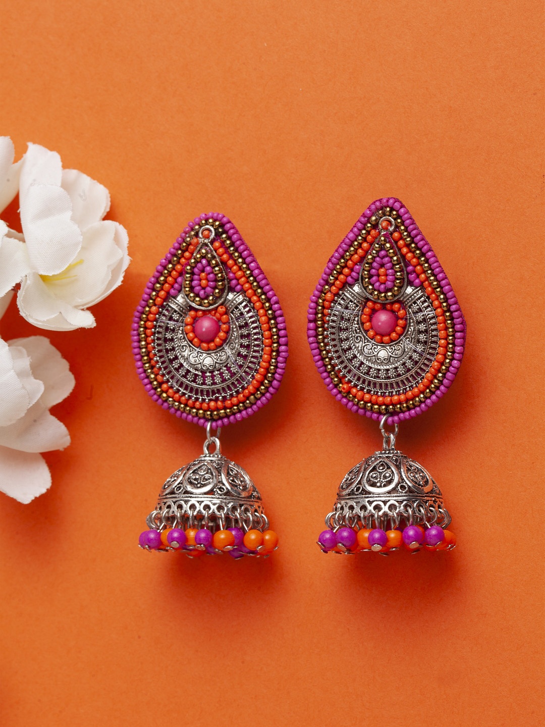 

Moedbuille Brass Plated Pink & Orange Handcrafted Filigree Dome Shaped Jhumkas