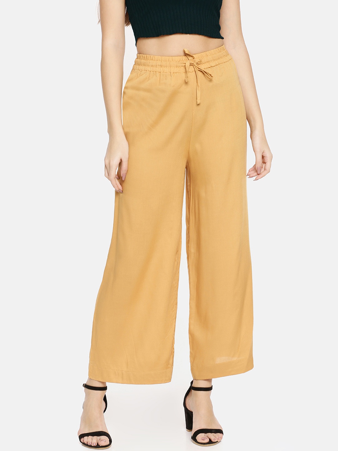 

TWIN BIRDS Women Mustard Yellow Solid Wide Leg Palazzos