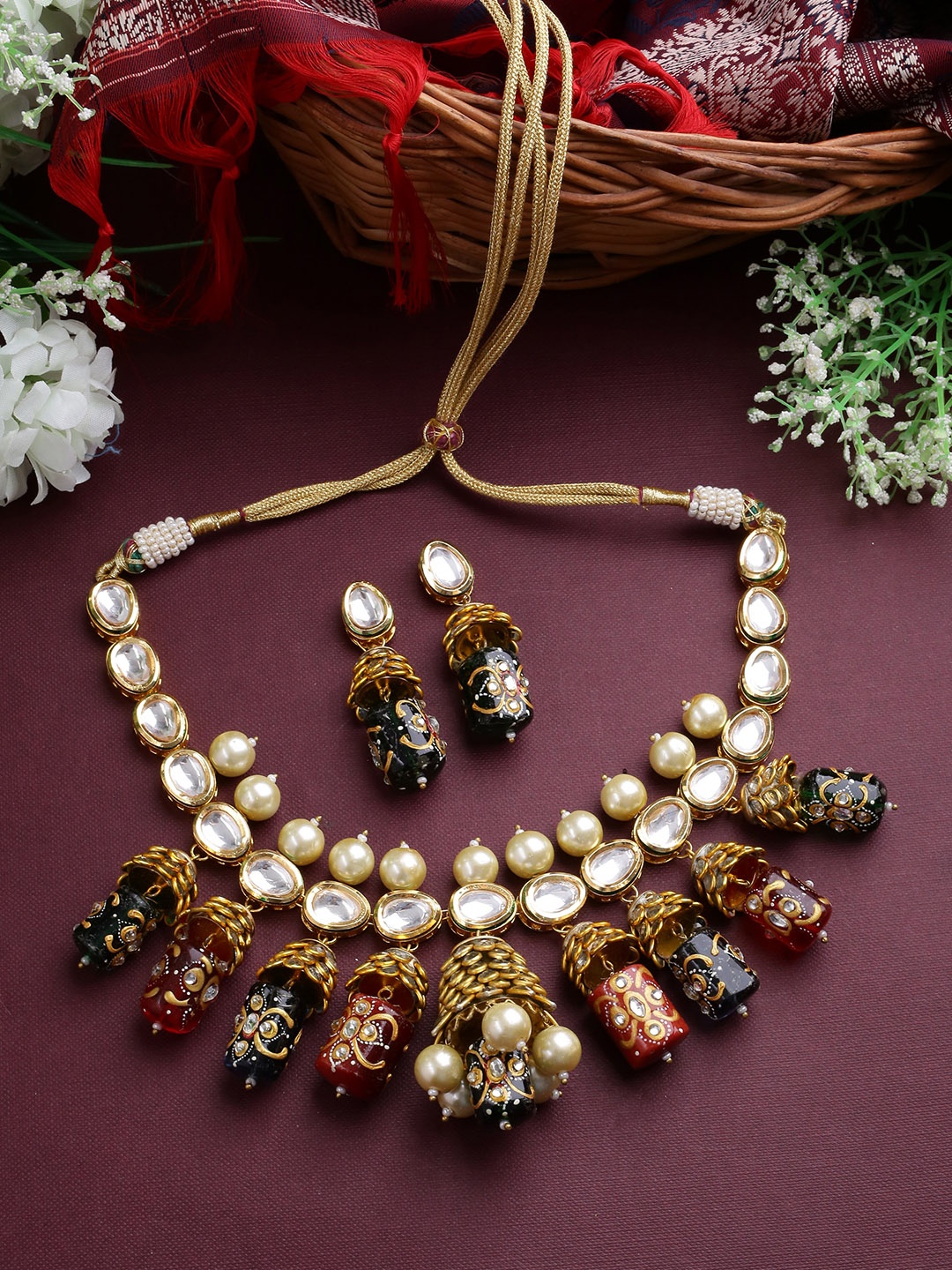 

Shoshaa Gold-Plated Off-White & Maroon Beaded Kundan Jewellery Set