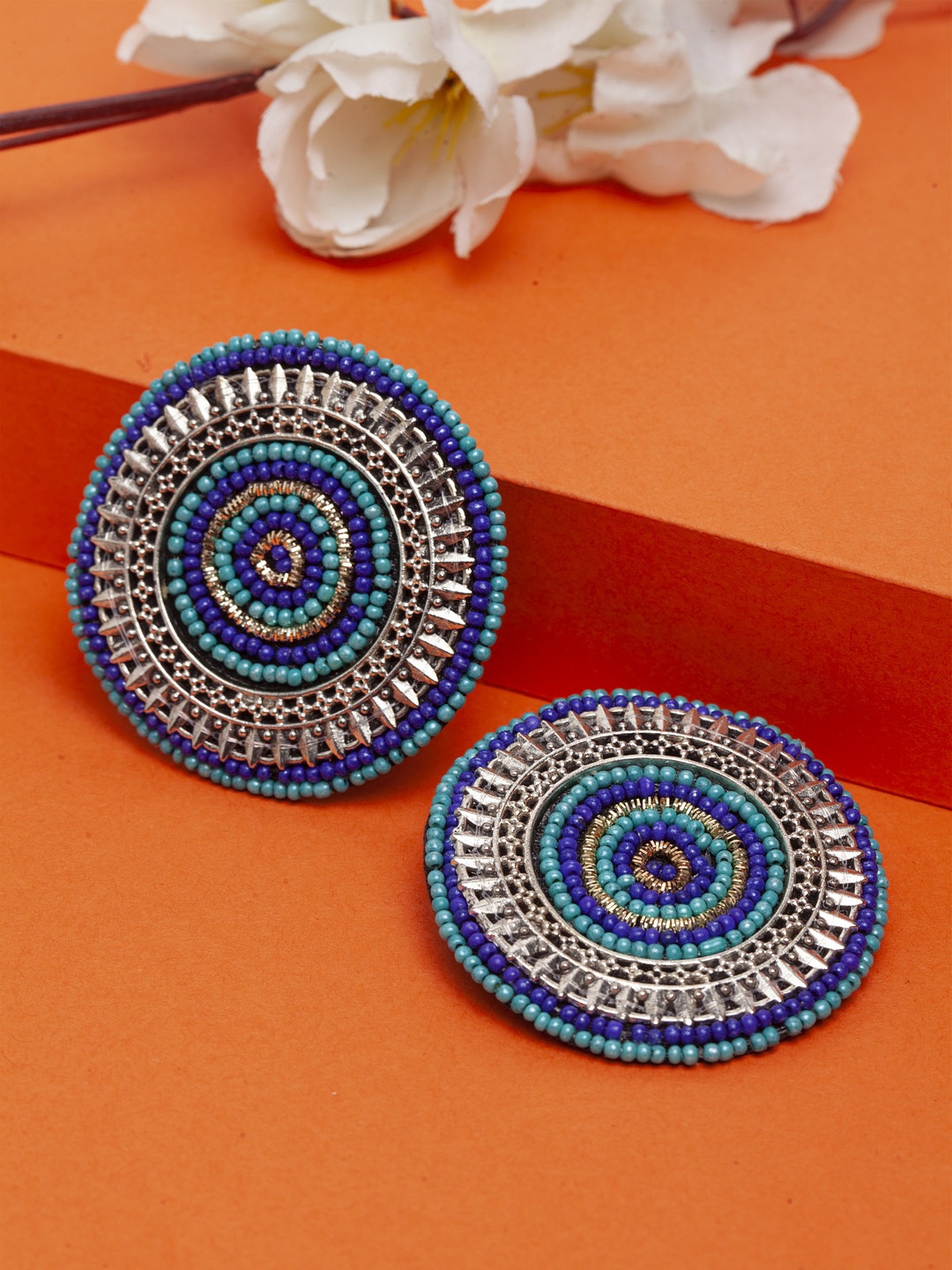 

Moedbuille Brass-Plated Silver-Toned & Blue Circular Studs