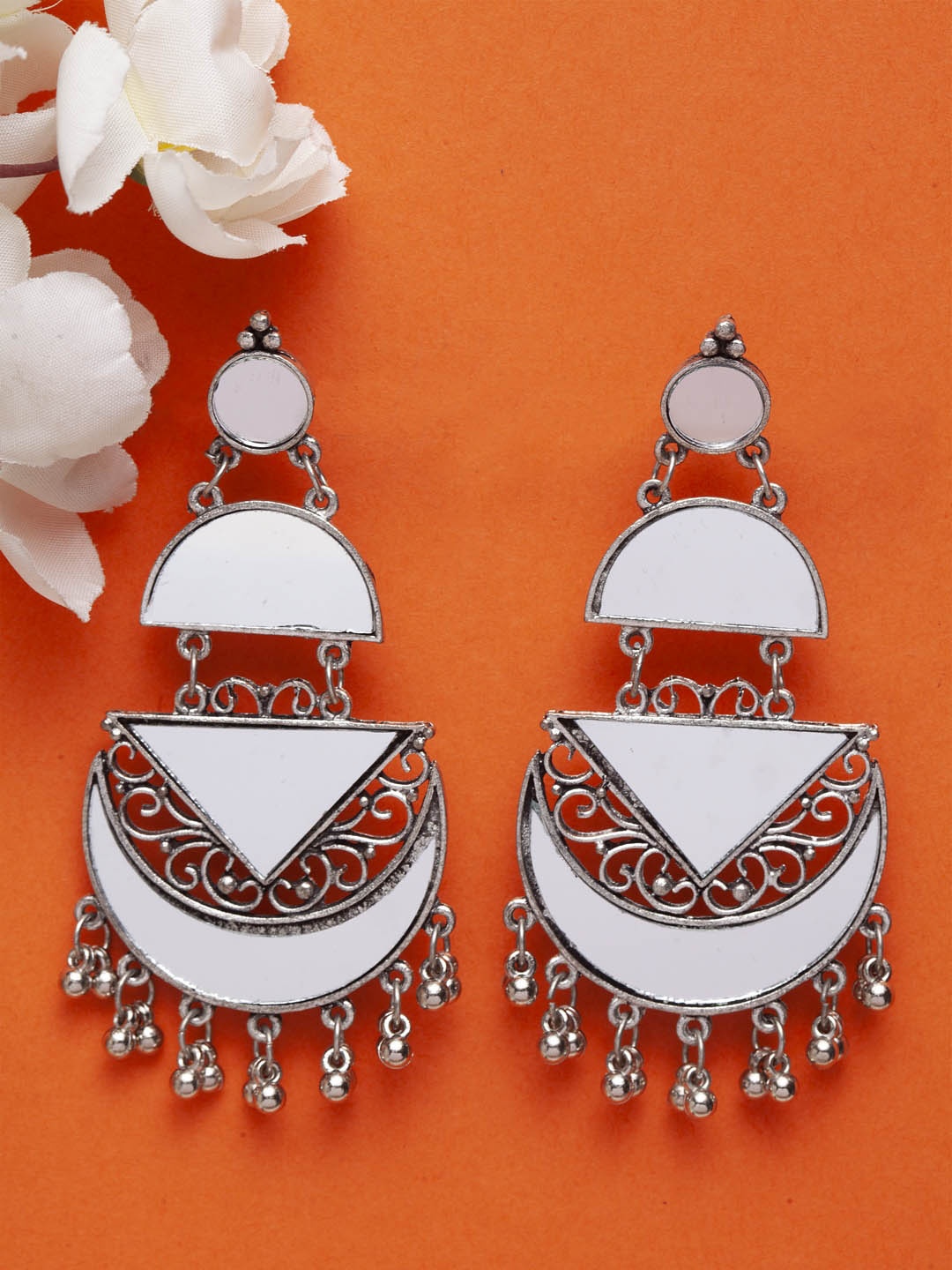 

Moedbuille Silver-Toned Crescent Shaped Hand Cut Mirror Afghan Drop Earrings