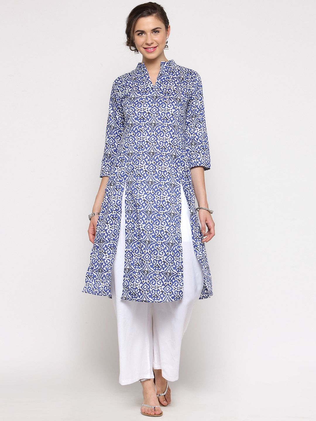 

Sera Women White & Blue Printed Kurta with Trousers