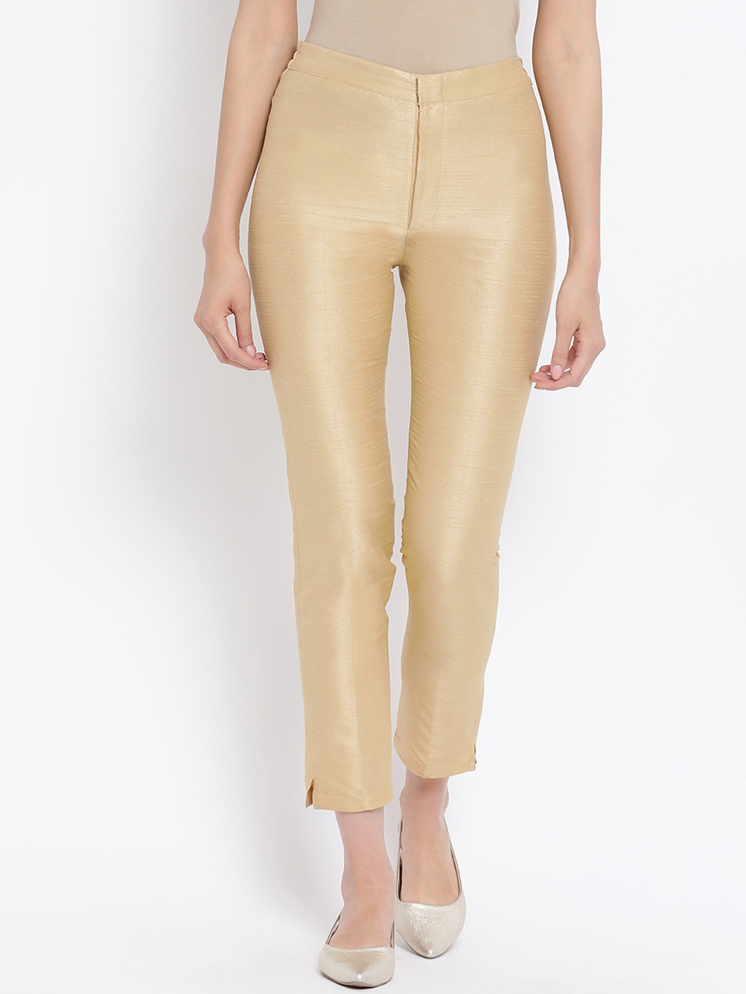 

studio rasa Women Beige Slim Fit Self Design Cigarette Trousers