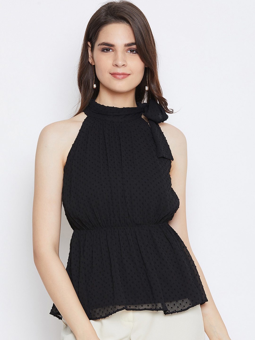 

Imfashini Women Black Self Design Peplum Top