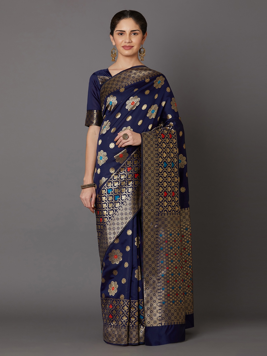 

Mitera Navy Blue Silk Blend Woven Design Kanjeevaram Saree