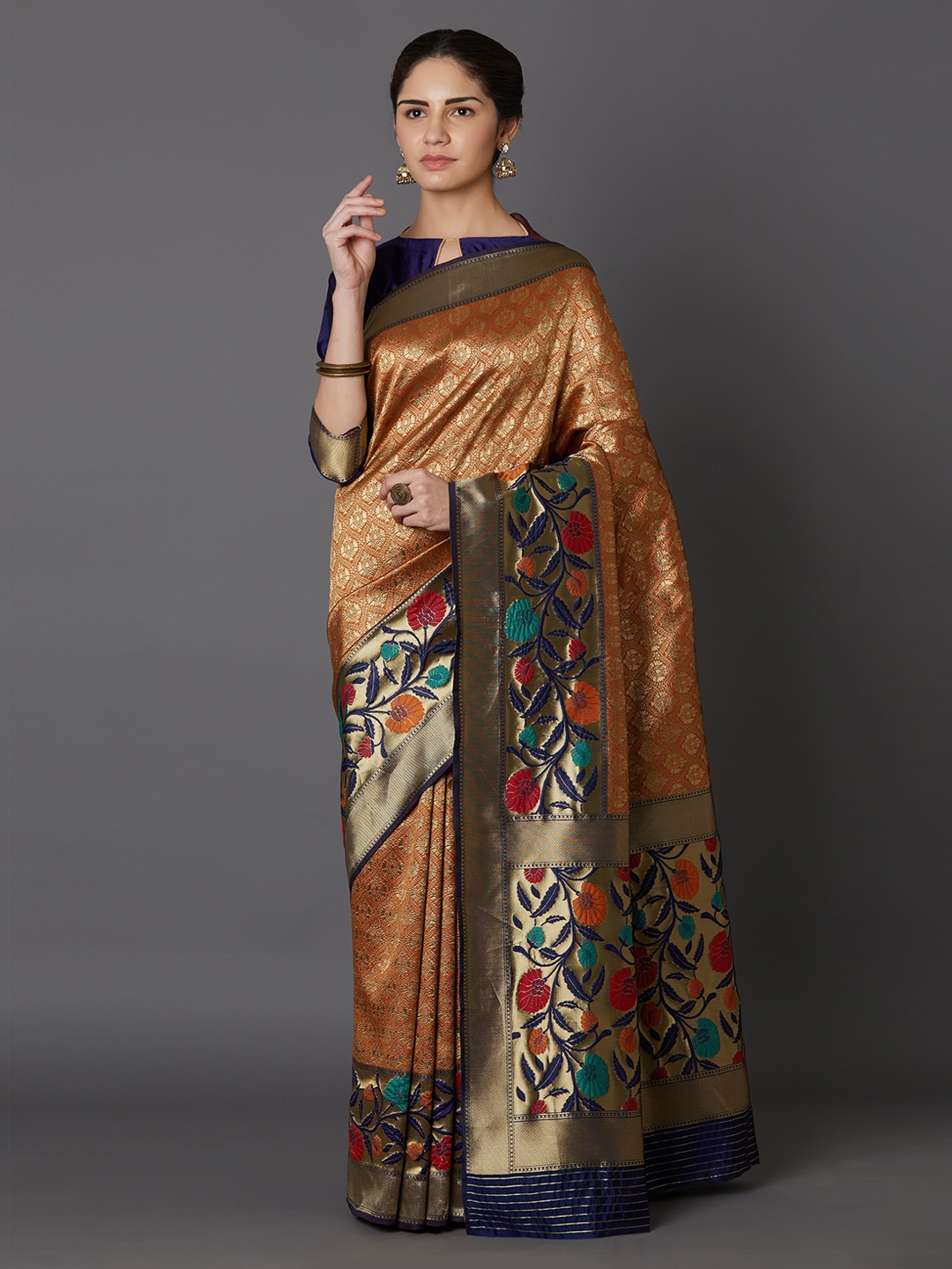 

Mitera Mustard Yellow & Navy Blue Silk Blend Woven Design Kanjeevaram Saree