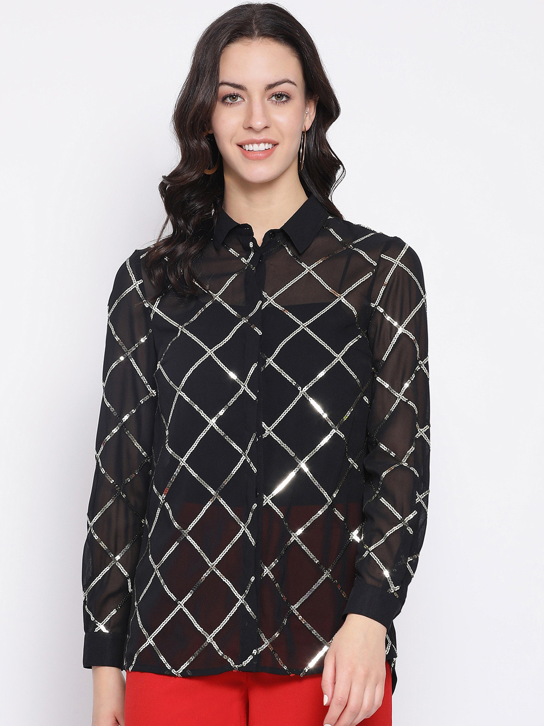

Oxolloxo Women Black Regular Fit Checked Casual Shirt