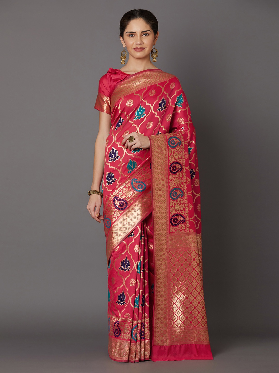 

Mitera Pink & Gold-Toned Silk Blend Woven Design Kanjeevaram Saree