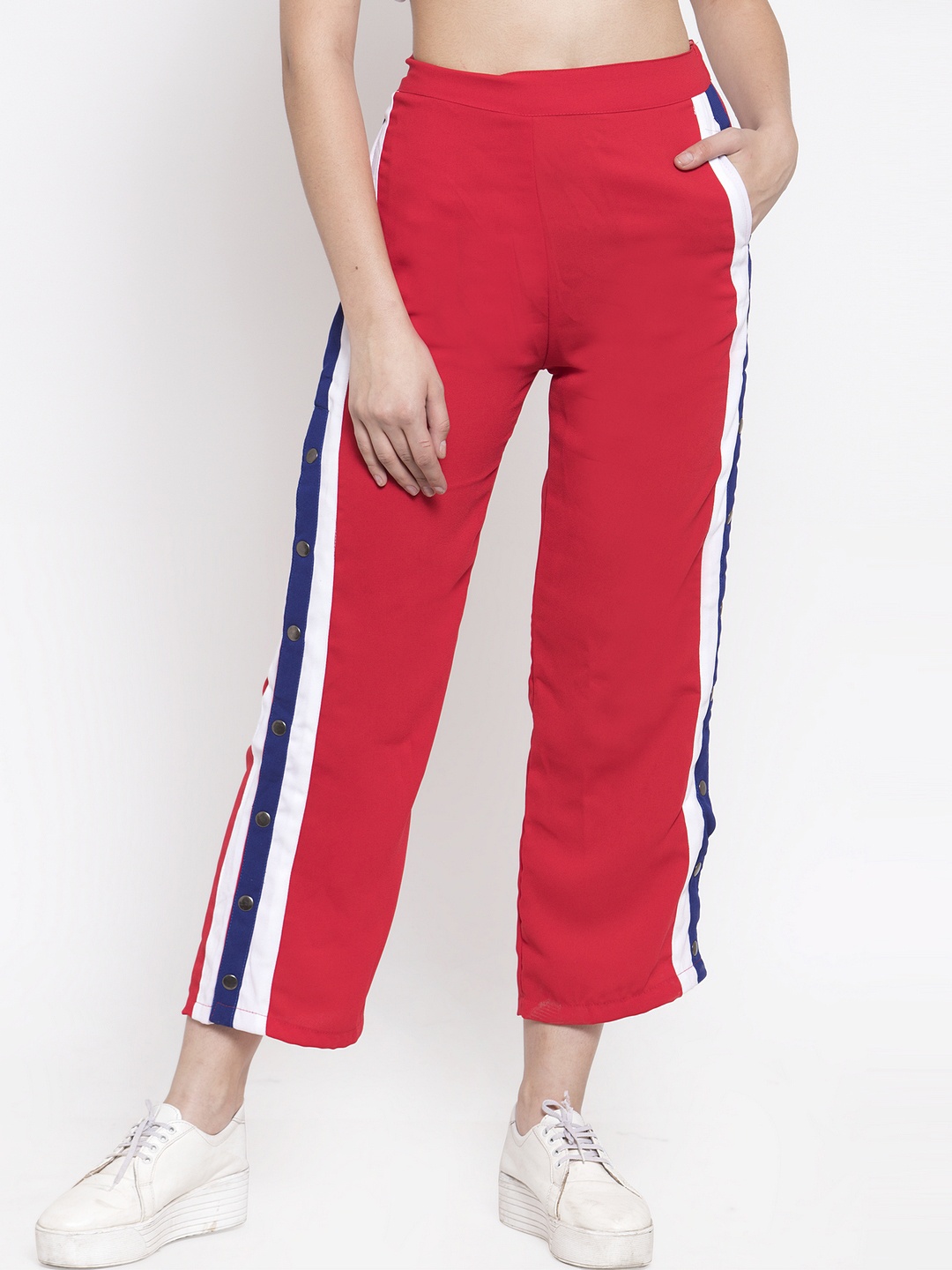 

VOXATI Women Red Straight Fit Striped Parallel Trousers