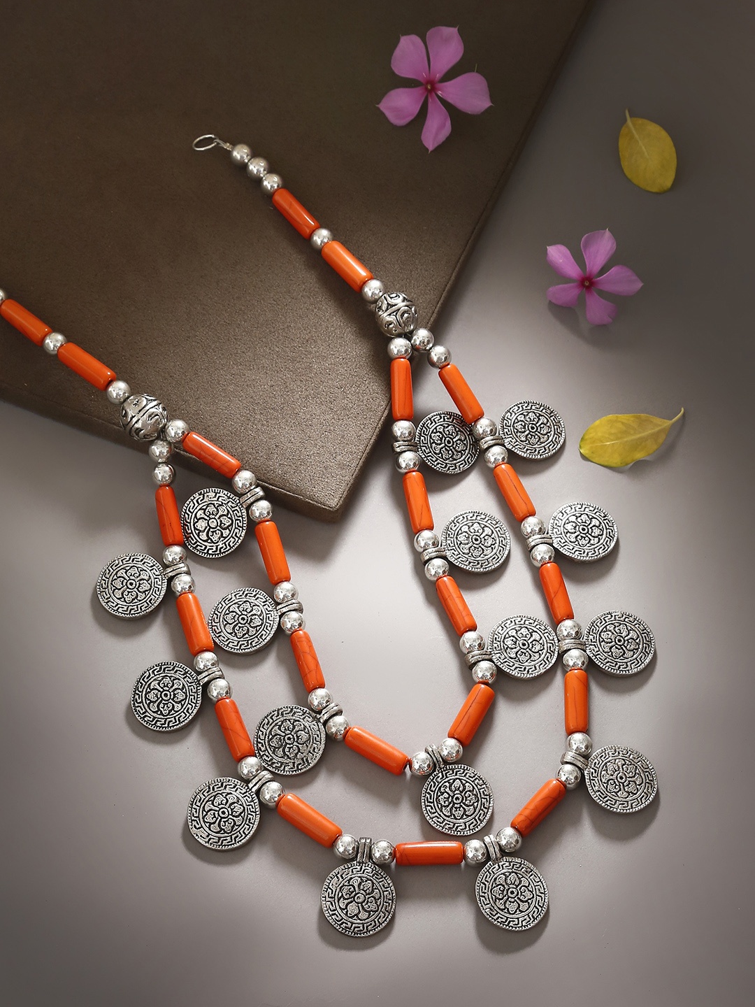 Bamboo Tree Silver-Toned and Orange Handcrafted Necklace