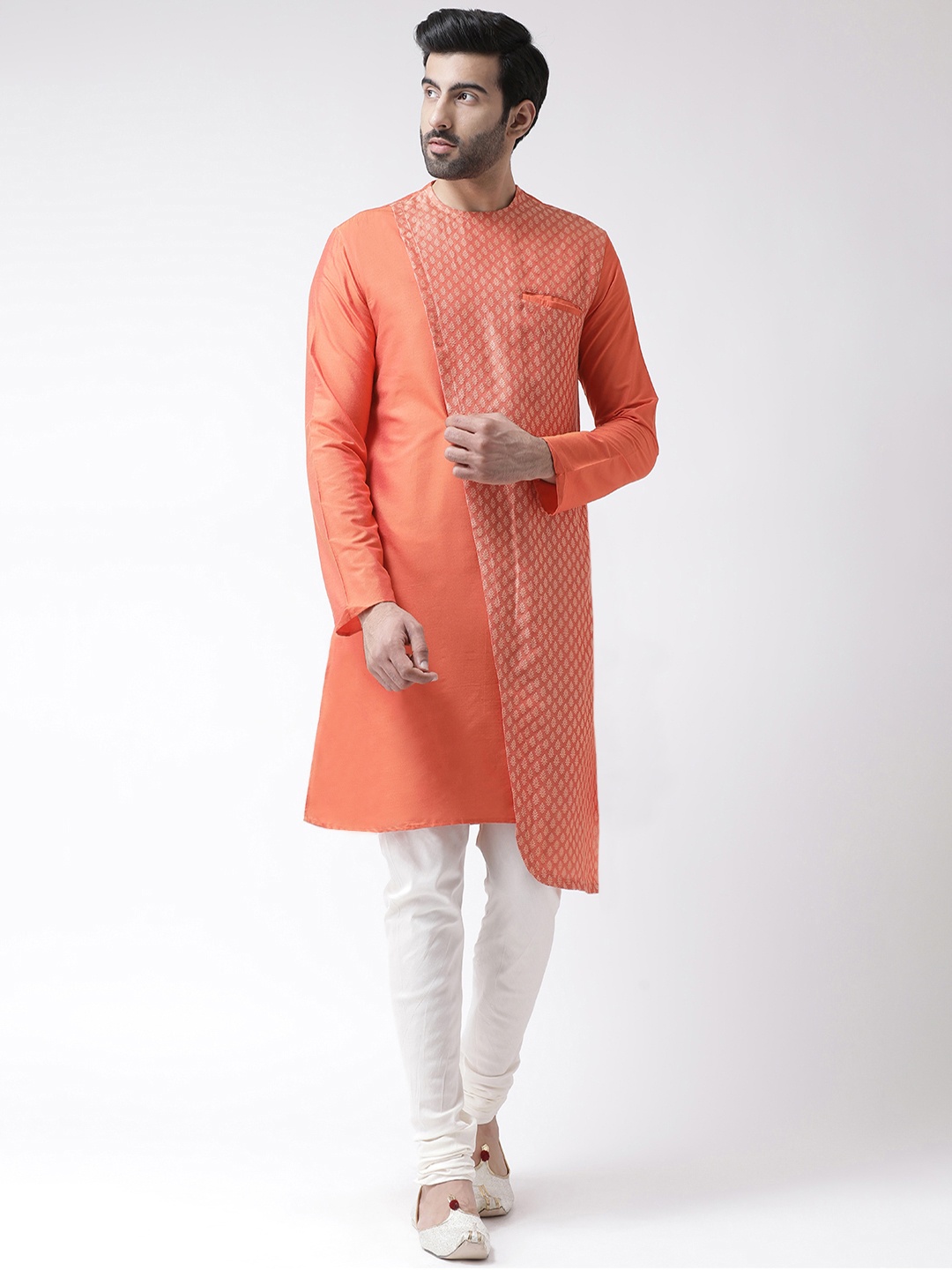 

KISAH Men Coral Orange & White Self Design Kurta with Churidar