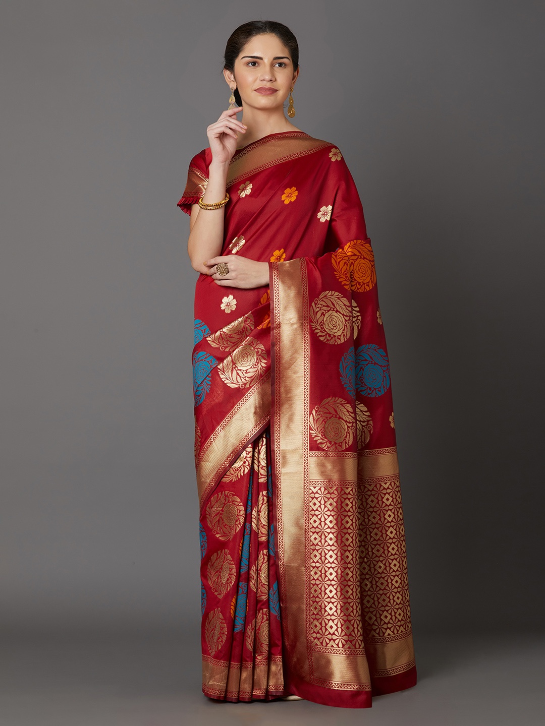 

Mitera Red & Gold-Coloured Silk Blend Woven Design Kanjeevaram Saree