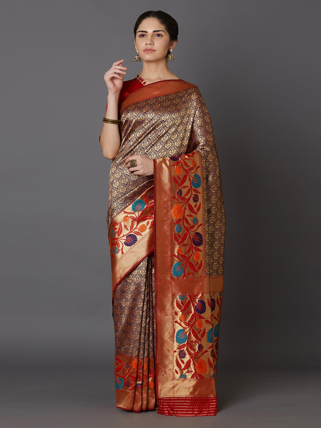 Mitera Orange & Gold-Toned Silk Blend Woven Design Kanjeevaram Saree