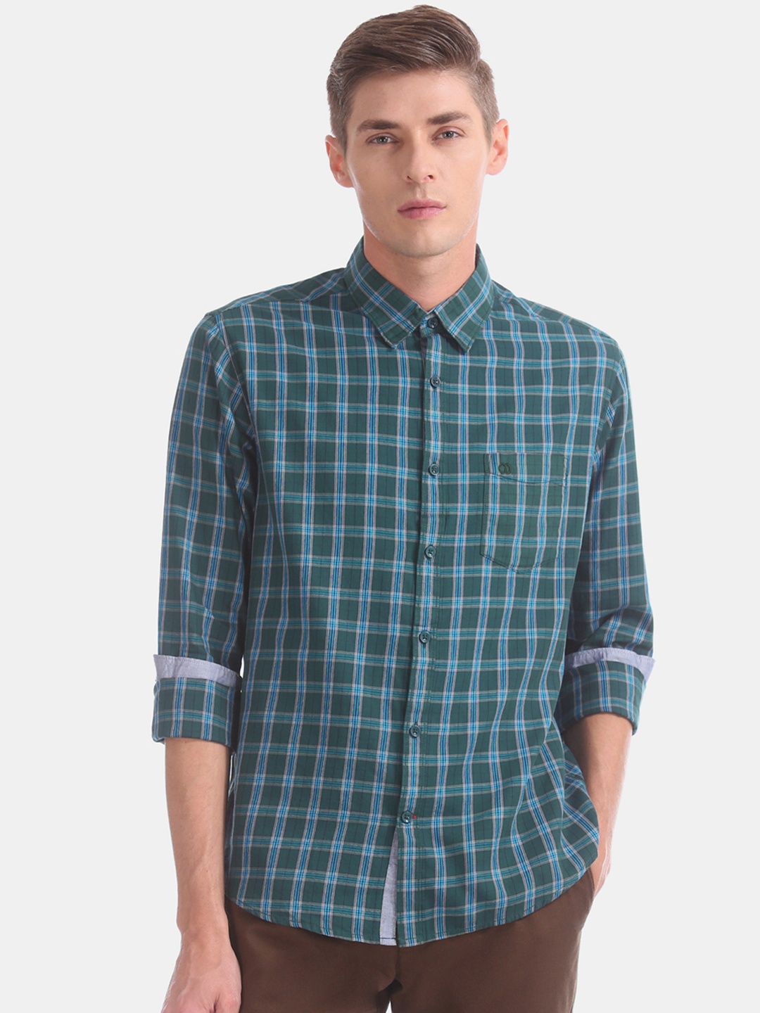 

Ruggers Men Green & Blue Slim Fit Checked Casual Shirt