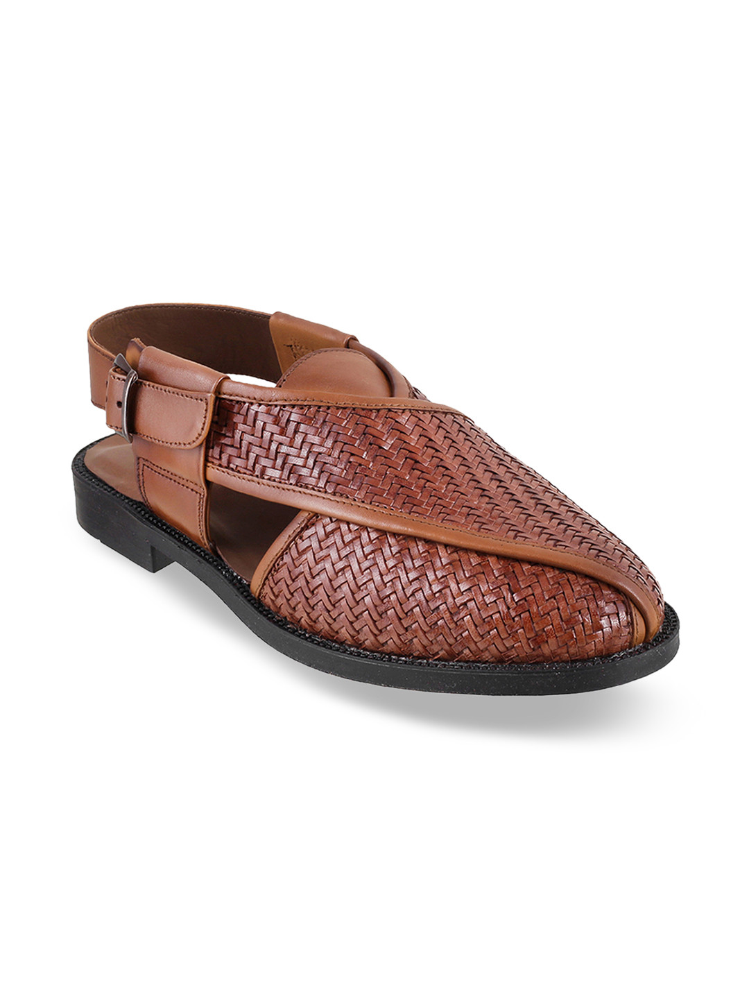 

Metro Men Tan Brown Textured Leather Shoe-Style Sandals