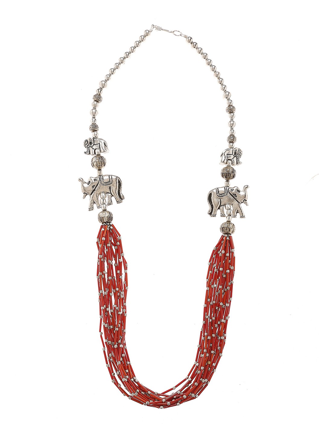 

Bamboo Tree Red & Silver-Toned Beaded Handcrafted Necklace