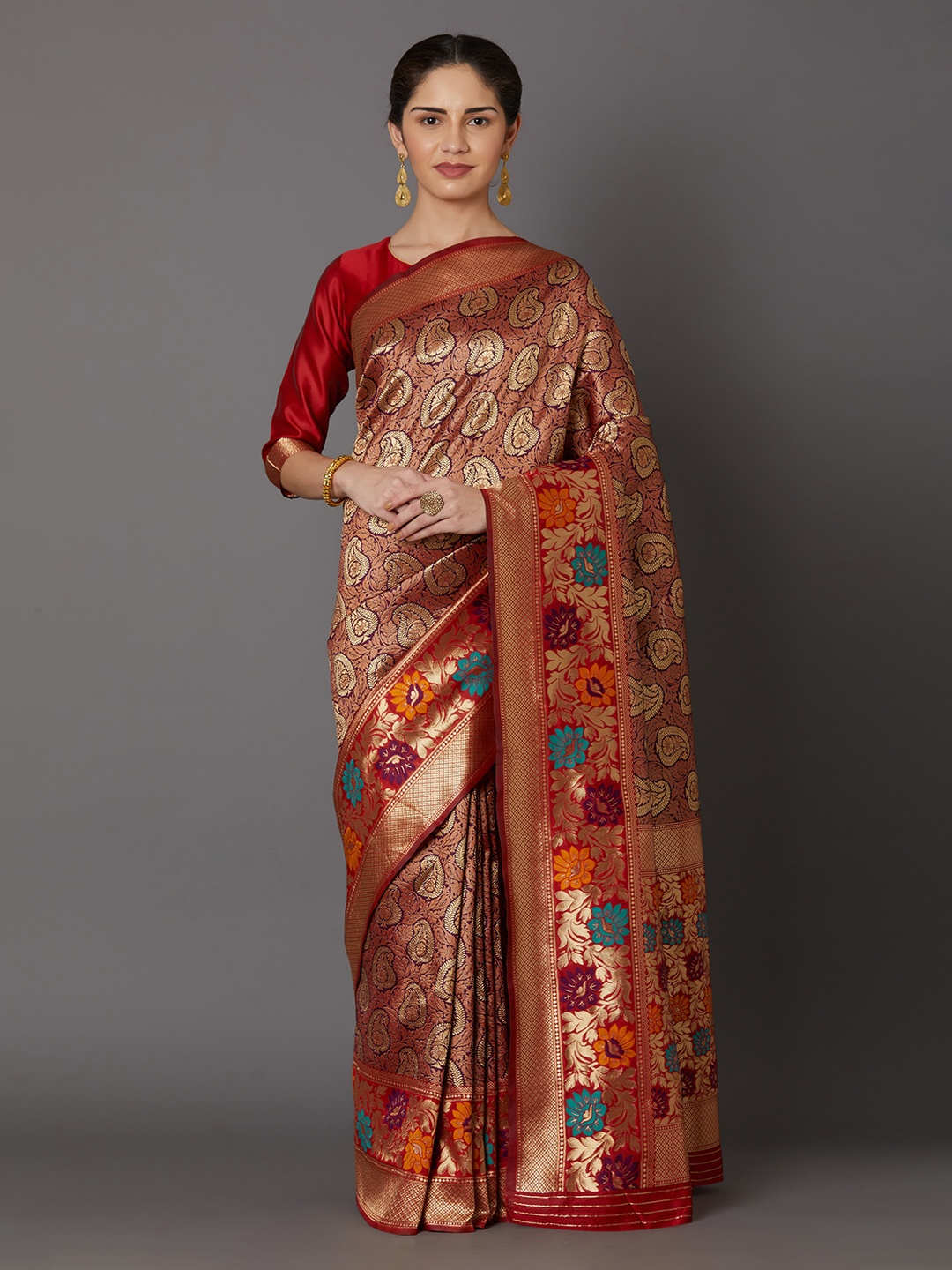 

Mitera Orange & Gold-Toned Silk Blend Woven Design Kanjeevaram Saree