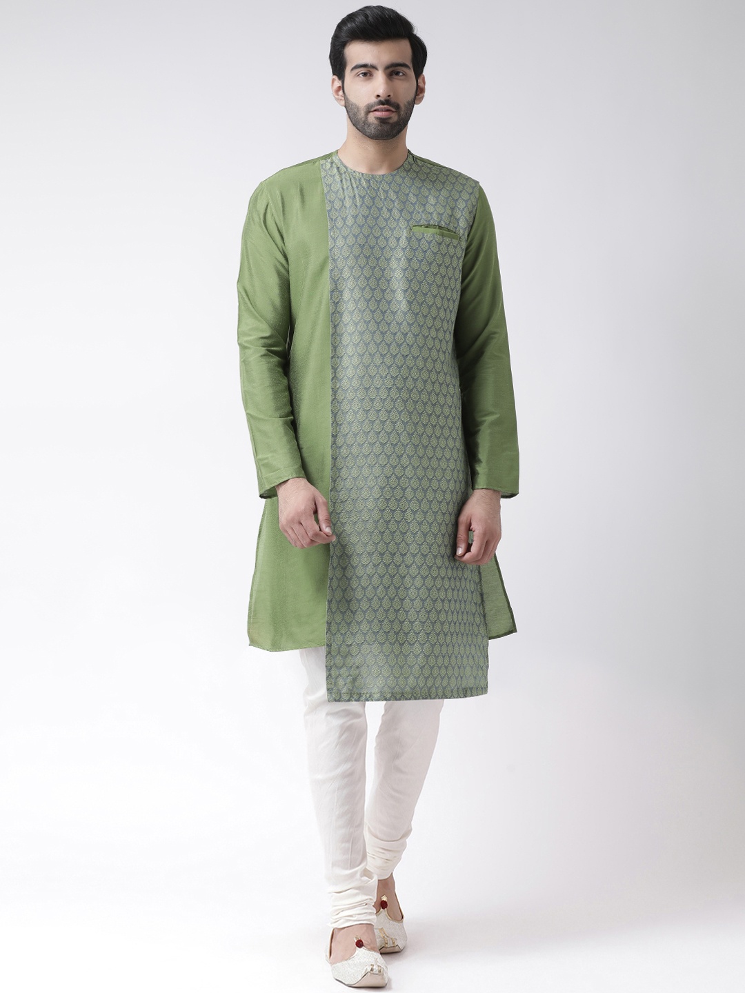 KISAH Men Green & White Self Design Kurta with Churidar