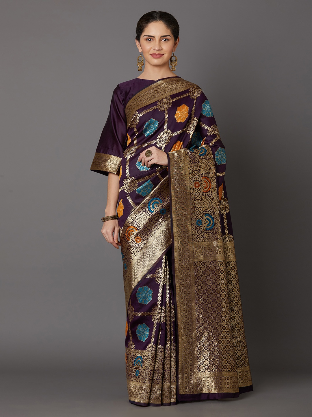 Mitera Purple & Gold-Coloured Silk Blend Woven Design Kanjeevaram Saree