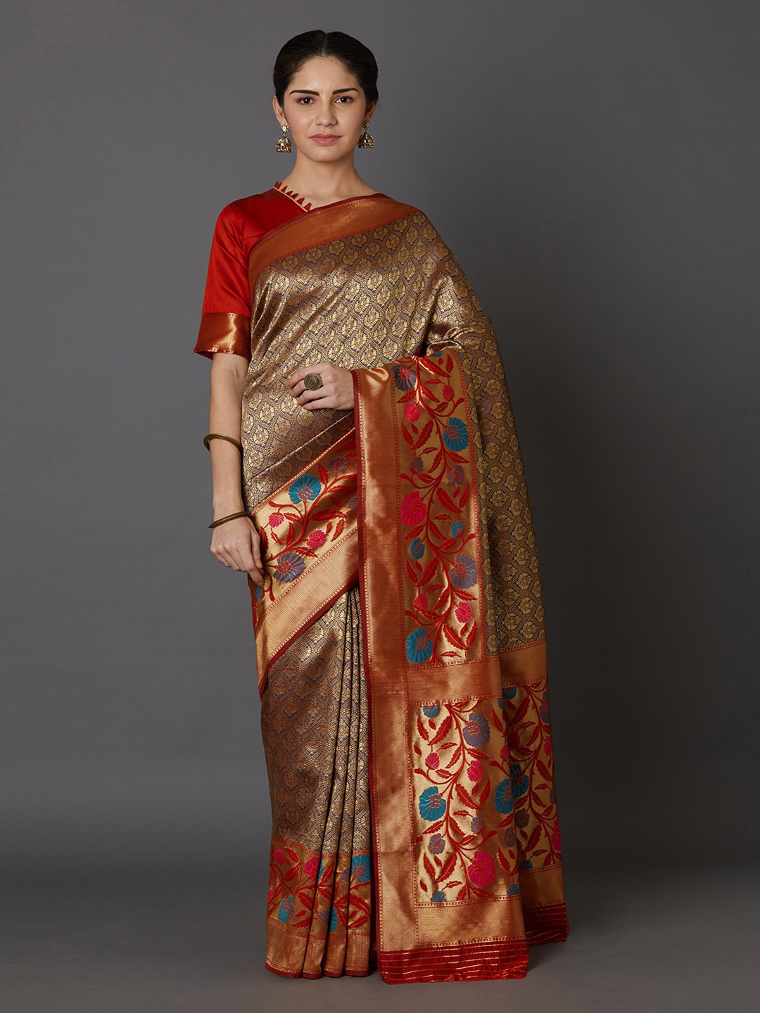 

Mitera Grey & Gold-Toned Silk Blend Woven Design Kanjeevaram Saree
