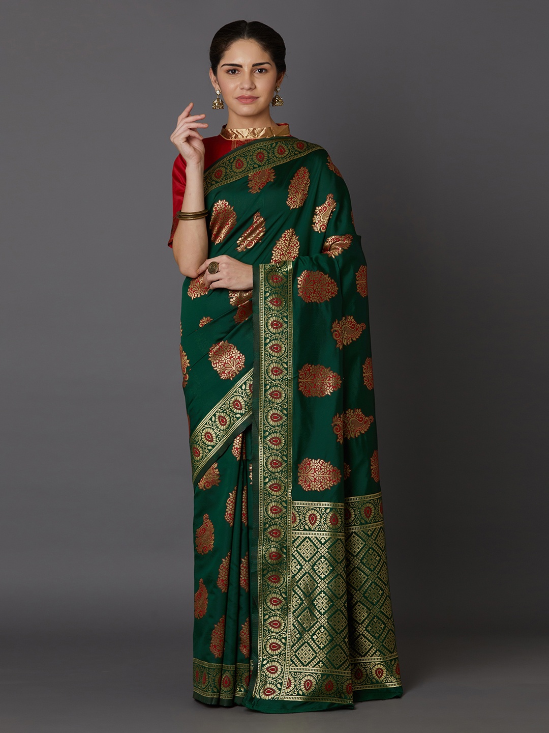 Mitera Green & Gold-Coloured Silk Blend Woven Design Kanjeevaram Saree