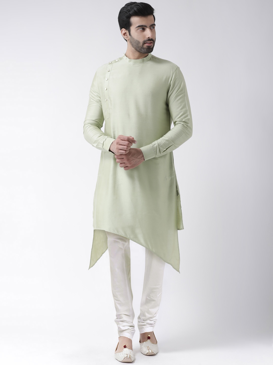 KISAH Men Green & White Solid Kurta with Churidar
