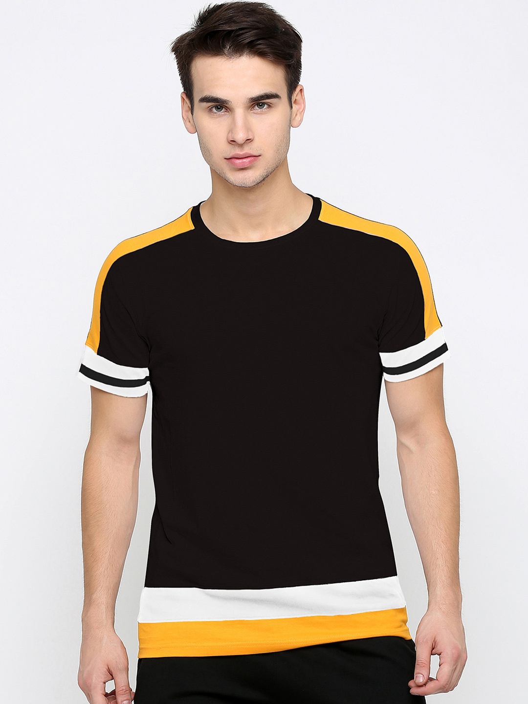 

Maniac Men Black Yellow Colourblocked Round Neck Pure Cotton T-shirt